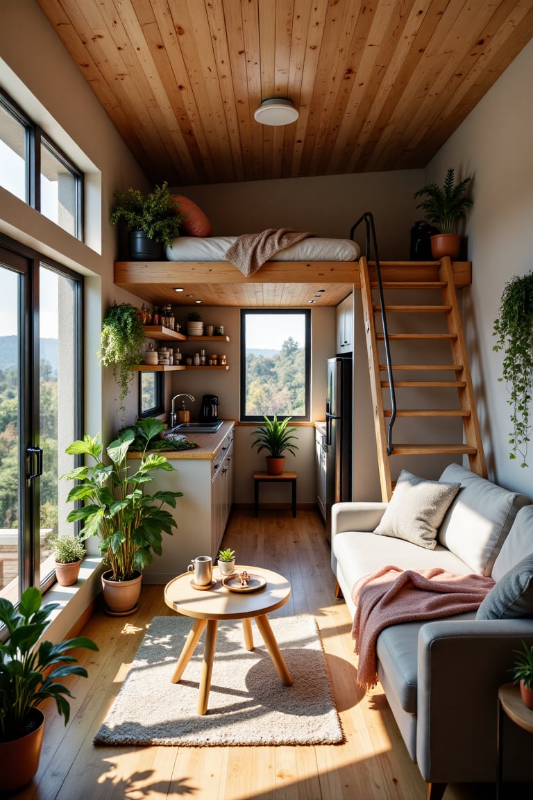 Create an image of the interior of a modern,  cozy tiny home. The space is compact yet well-designed,  with an open-plan l...