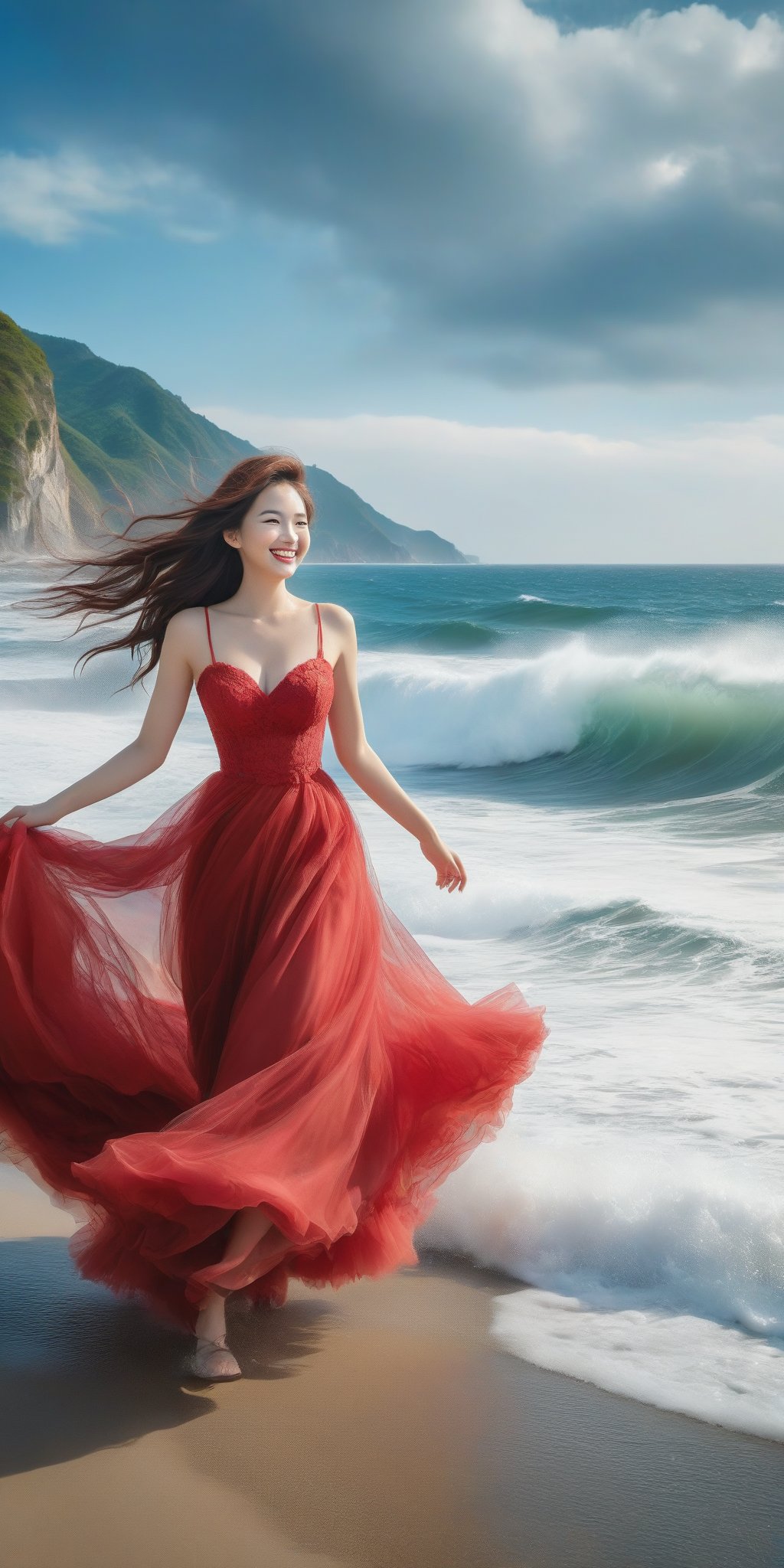 A girl , large breast, (smile:1.4), on the seaside trail, background is  an extreme  ROGUE waves. { Clear BLUE SKY with white clouds }, Her RED TULLE dress is flowing in a whirlwind. Long hair, { barefeet } , dynamic movement, blend of surrealism and realism. sharp focus, { COWBOY  shot}, wide angle, (masterpiece, top quality, best quality, official art, beautiful and aesthetic:1.2), (1girl:1.4), simple background, 16k, high resolution, bokeh,  ,minimalist hologram,style,,taiwan