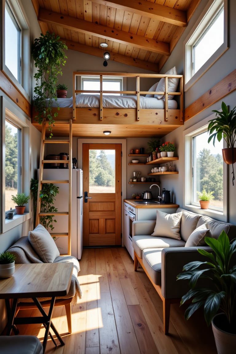 Create an image of the interior of a modern,  cozy tiny home. The space is compact yet well-designed,  with an open-plan l...