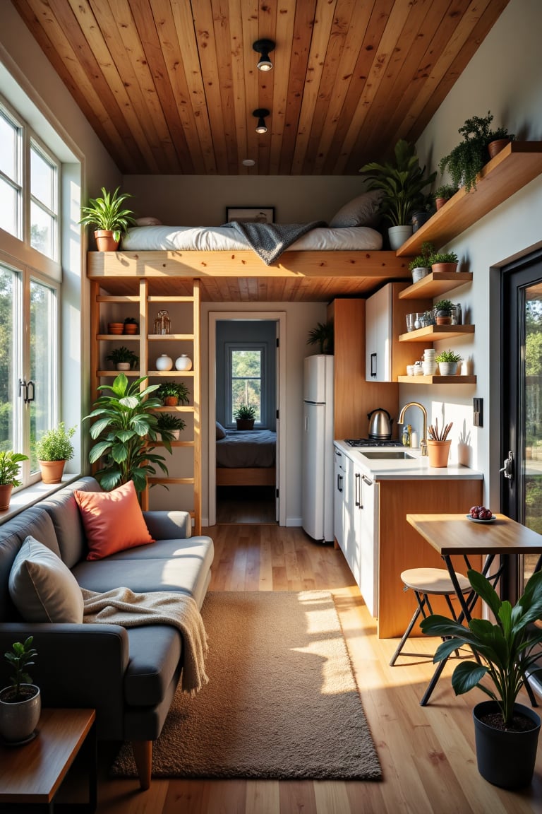 Create an image of the interior of a modern,  cozy tiny home. The space is compact yet well-designed,  with an open-plan l...