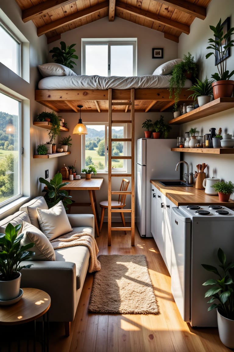 Create an image of the interior of a modern,  cozy tiny home. The space is compact yet well-designed,  with an open-plan l...