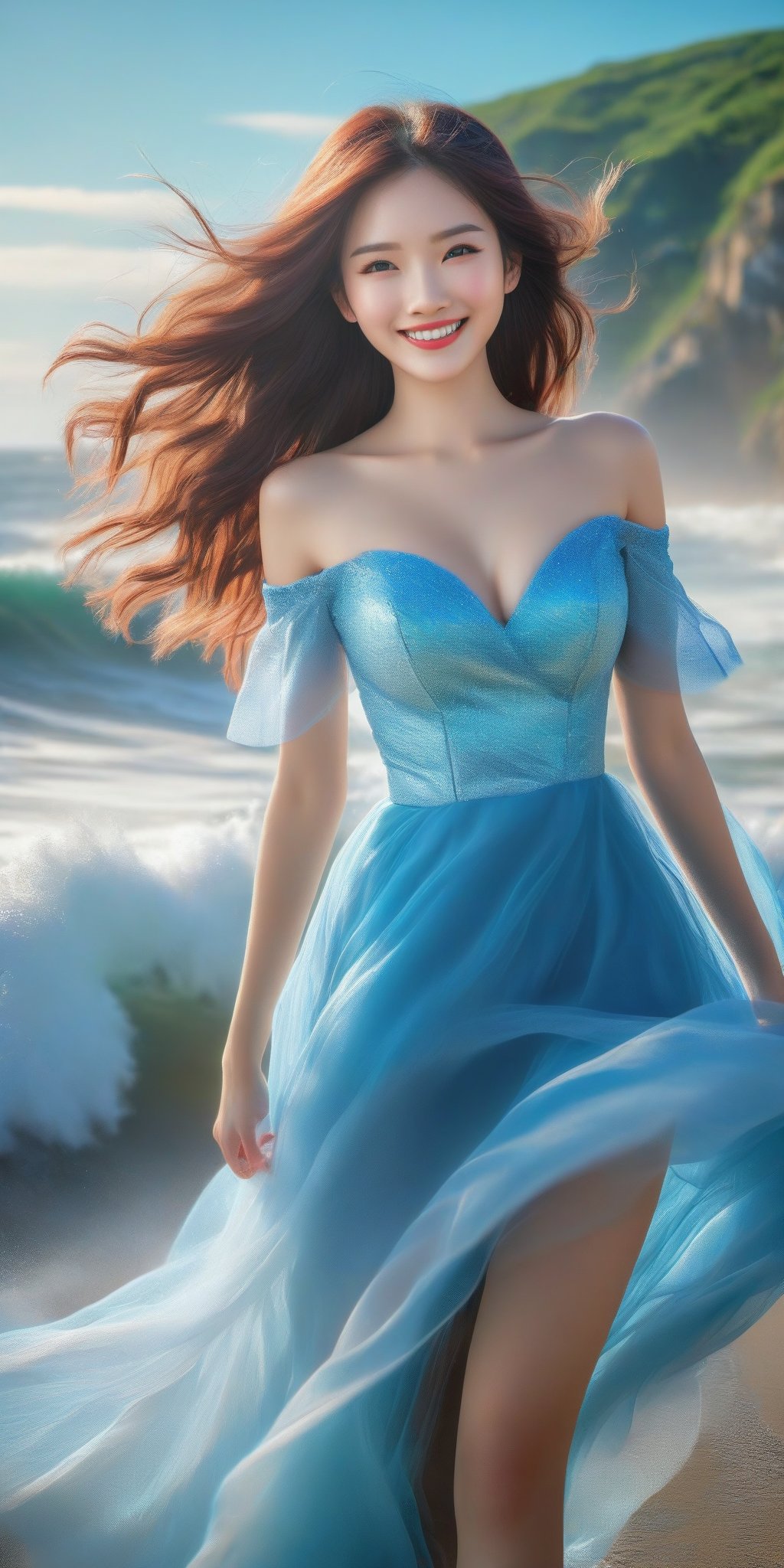 A girl , large breast, (smile:1.4), on the seaside trail, background is  an extreme  ROGUE waves. { Clear BLUE SKY with white clouds }, Her RED TULLE dress is flowing in a whirlwind. Long hair, { barefeet } , dynamic movement, blend of surrealism and realism. sharp focus, { COWBOY  shot}, wide angle, (masterpiece, top quality, best quality, official art, beautiful and aesthetic:1.2), (1girl:1.4), simple background, 16k, high resolution, bokeh,  ,minimalist hologram,style,,taiwan