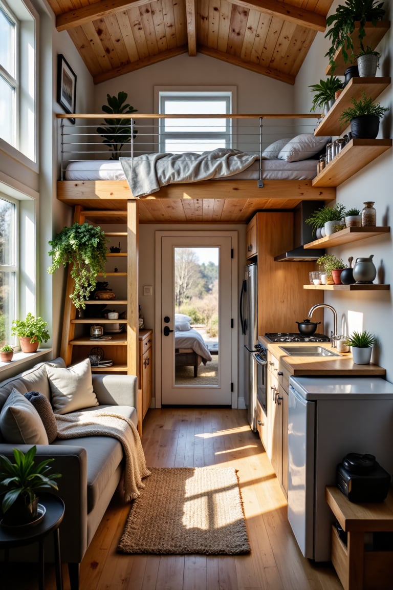 Create an image of the interior of a modern,  cozy tiny home. The space is compact yet well-designed,  with an open-plan l...