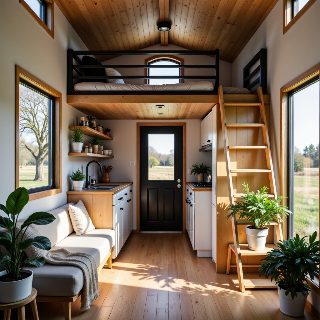 Create an image of the interior of a modern,  cozy tiny home. The space is compact yet well-designed,  with an open-plan l...