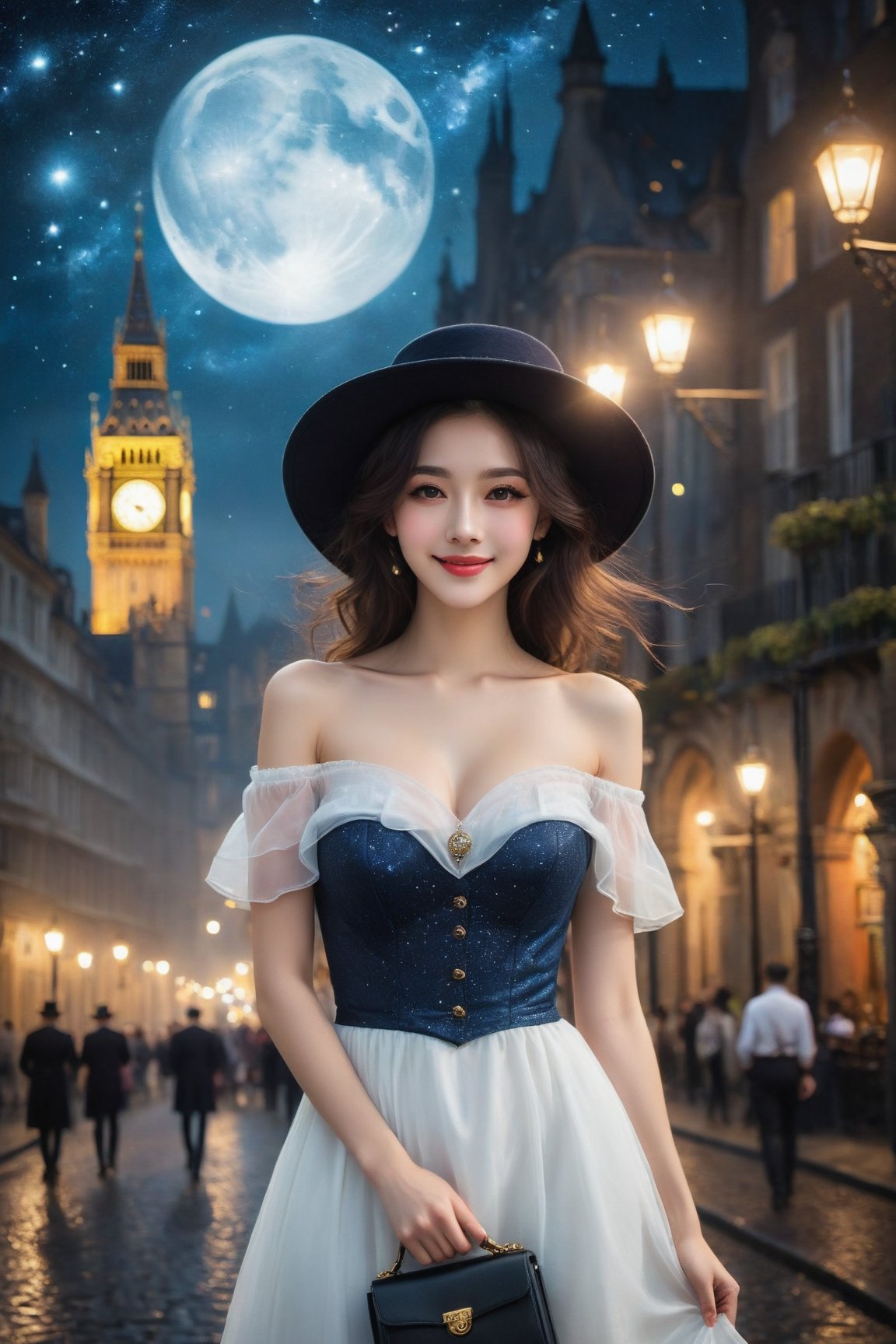 In a cobblestone alley of 18th century London at night, { starry dark blue sky }, heavy fog, lit by street lamps, a girl, { big breast, off shoulder, with a cute handbag , } walks down the street in { WHITE  } silky evening dress blown by the wind, looking at viewer, a { } hat, gothic tower with clock, mysterious atmosphere, ( FRONT SHOT, masterpiece, top quality, best quality, official art, beautiful and aesthetic:1.2), (1girl:1.5),(smile:1.2), teeth, full_body_portrait, high heels, extreme detailed, highest detailed, simple background, 16k, high resolution, perfect dynamic composition, bokeh, (sharp focus:1.2), super wide angle, high angle, high color contrast,  , depth of field, blurry background,potma style,by Gustav Klimt and Mucha and Caravaggio, { very dark starry sky, hat },