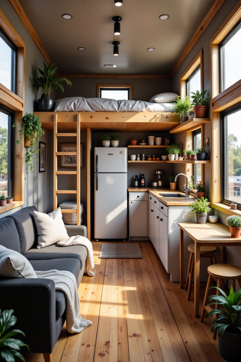 Create an image of the interior of a modern,  cozy tiny home. The space is compact yet well-designed,  with an open-plan l...