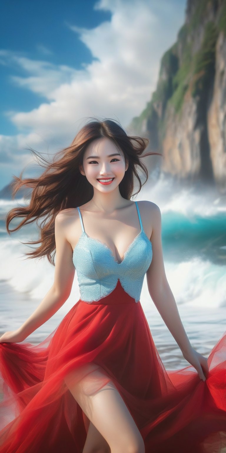 A girl , large breast, (smile:1.4), on the seaside trail, background is  an extreme  ROGUE waves. { Clear BLUE SKY with white clouds }, Her RED TULLE dress is flowing in a whirlwind. Long hair, { barefeet } , dynamic movement, blend of surrealism and realism. sharp focus, { COWBOY  shot}, wide angle, (masterpiece, top quality, best quality, official art, beautiful and aesthetic:1.2), (1girl:1.4), simple background, 16k, high resolution, bokeh,  ,minimalist hologram,style,,taiwan