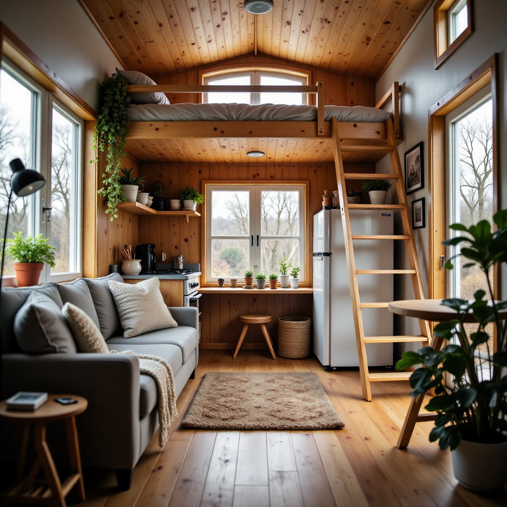 Create an image of the interior of a modern,  cozy tiny home. The space is compact yet well-designed,  with an open-plan l...