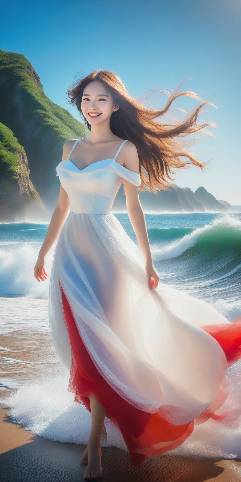 A girl , large breast, (smile:1.4), on the seaside trail, background is  an extreme  ROGUE waves. { Clear BLUE SKY with white clouds }, Her RED TULLE dress is flowing in a whirlwind. Long hair, { barefeet } , dynamic movement, blend of surrealism and realism. sharp focus, { COWBOY  shot}, wide angle, (masterpiece, top quality, best quality, official art, beautiful and aesthetic:1.2), (1girl:1.4), simple background, 16k, high resolution, bokeh,  ,minimalist hologram,style,,taiwan