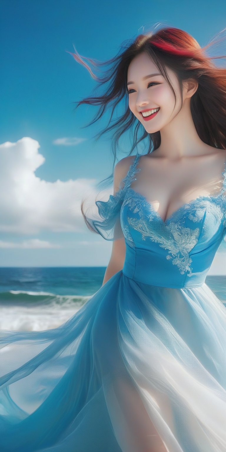 A girl , large breast, (smile:1.4), on the seaside trail, background is  an extreme  ROGUE waves. { Clear BLUE SKY with white clouds }, Her RED TULLE dress is flowing in a whirlwind. Long hair, { barefeet } , dynamic movement, blend of surrealism and realism. sharp focus, { COWBOY  shot}, wide angle, (masterpiece, top quality, best quality, official art, beautiful and aesthetic:1.2), (1girl:1.4), simple background, 16k, high resolution, bokeh,  ,minimalist hologram,style,,taiwan