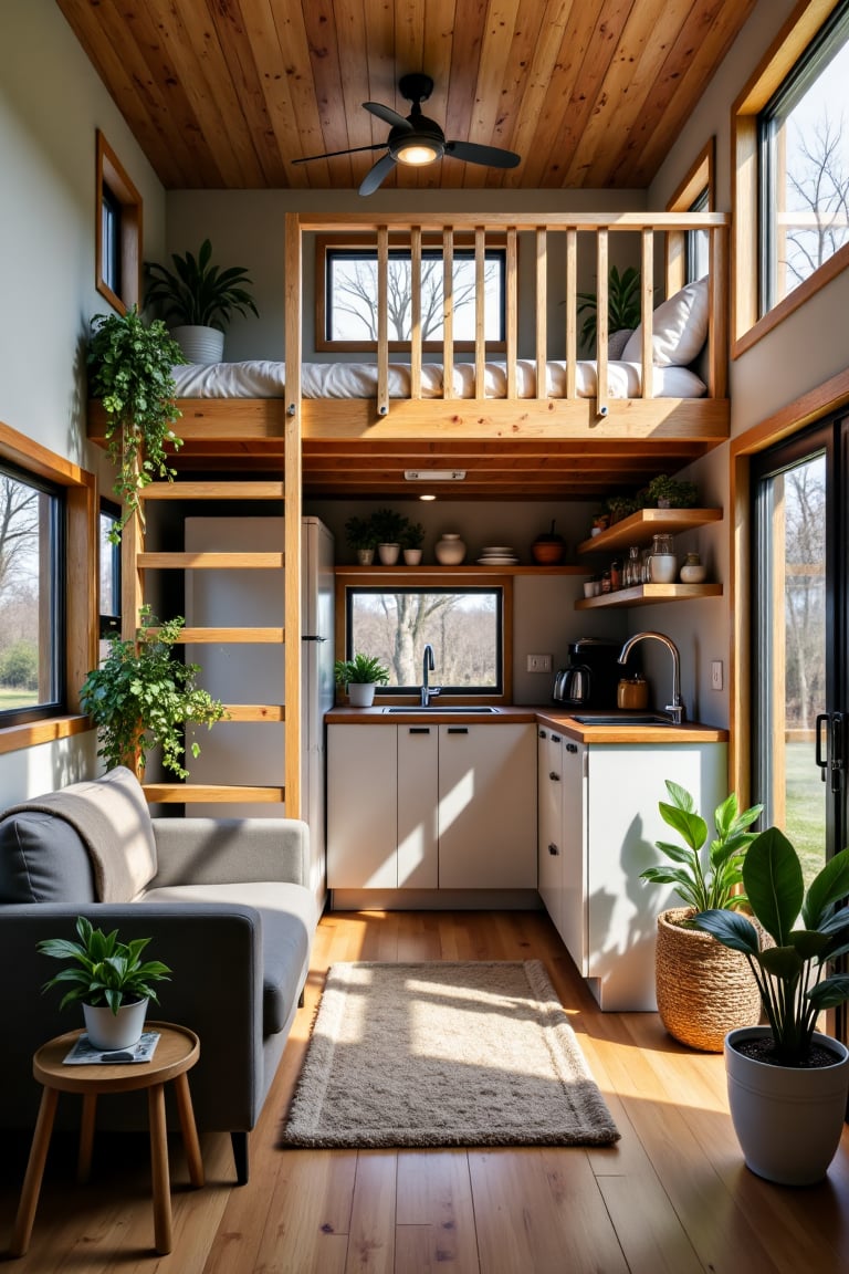 Create an image of the interior of a modern,  cozy tiny home. The space is compact yet well-designed,  with an open-plan l...