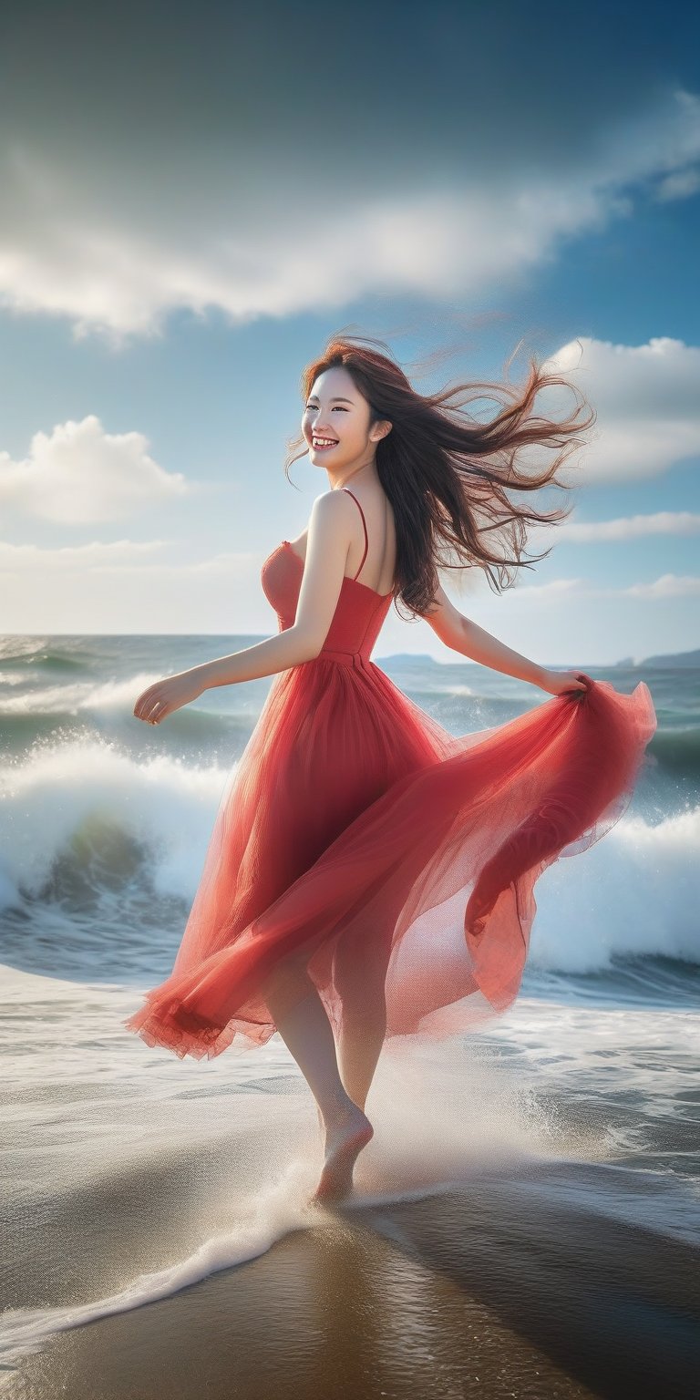 A girl , large breast, (smile:1.4), on the seaside trail, background is  an extreme  ROGUE waves. { Clear BLUE SKY with white clouds }, Her RED TULLE dress is flowing in a whirlwind. Long hair, { barefeet } , dynamic movement, blend of surrealism and realism. sharp focus, { COWBOY  shot}, wide angle, (masterpiece, top quality, best quality, official art, beautiful and aesthetic:1.2), (1girl:1.4), simple background, 16k, high resolution, bokeh,  ,minimalist hologram,style,,taiwan