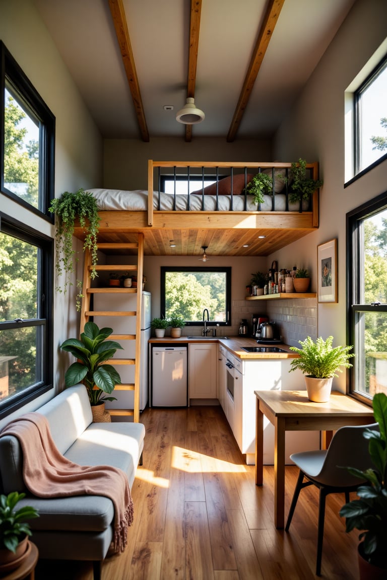 Create an image of the interior of a modern,  cozy tiny home. The space is compact yet well-designed,  with an open-plan l...