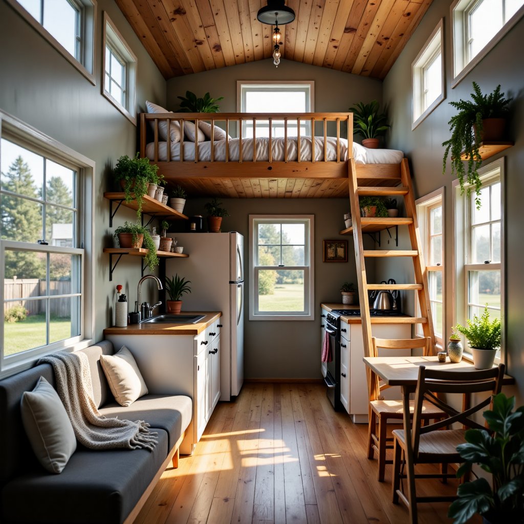 Create an image of the interior of a modern,  cozy tiny home. The space is compact yet well-designed,  with an open-plan l...