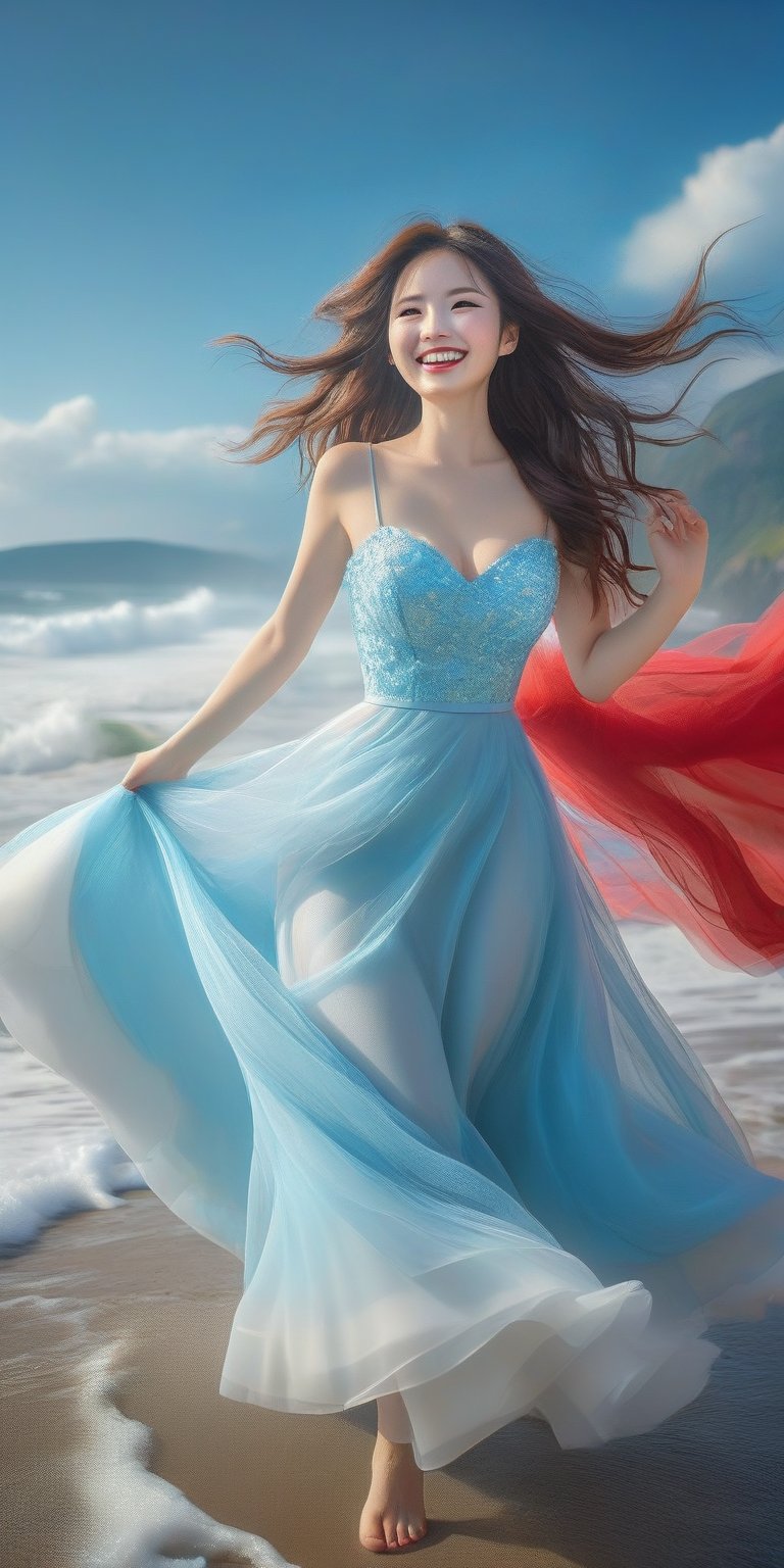 A girl , large breast, (smile:1.4), on the seaside trail, background is  an extreme  ROGUE waves. { Clear BLUE SKY with white clouds }, Her RED TULLE dress is flowing in a whirlwind. Long hair, { barefeet } , dynamic movement, blend of surrealism and realism. sharp focus, { COWBOY  shot}, wide angle, (masterpiece, top quality, best quality, official art, beautiful and aesthetic:1.2), (1girl:1.4), simple background, 16k, high resolution, bokeh,  ,minimalist hologram,style,,taiwan