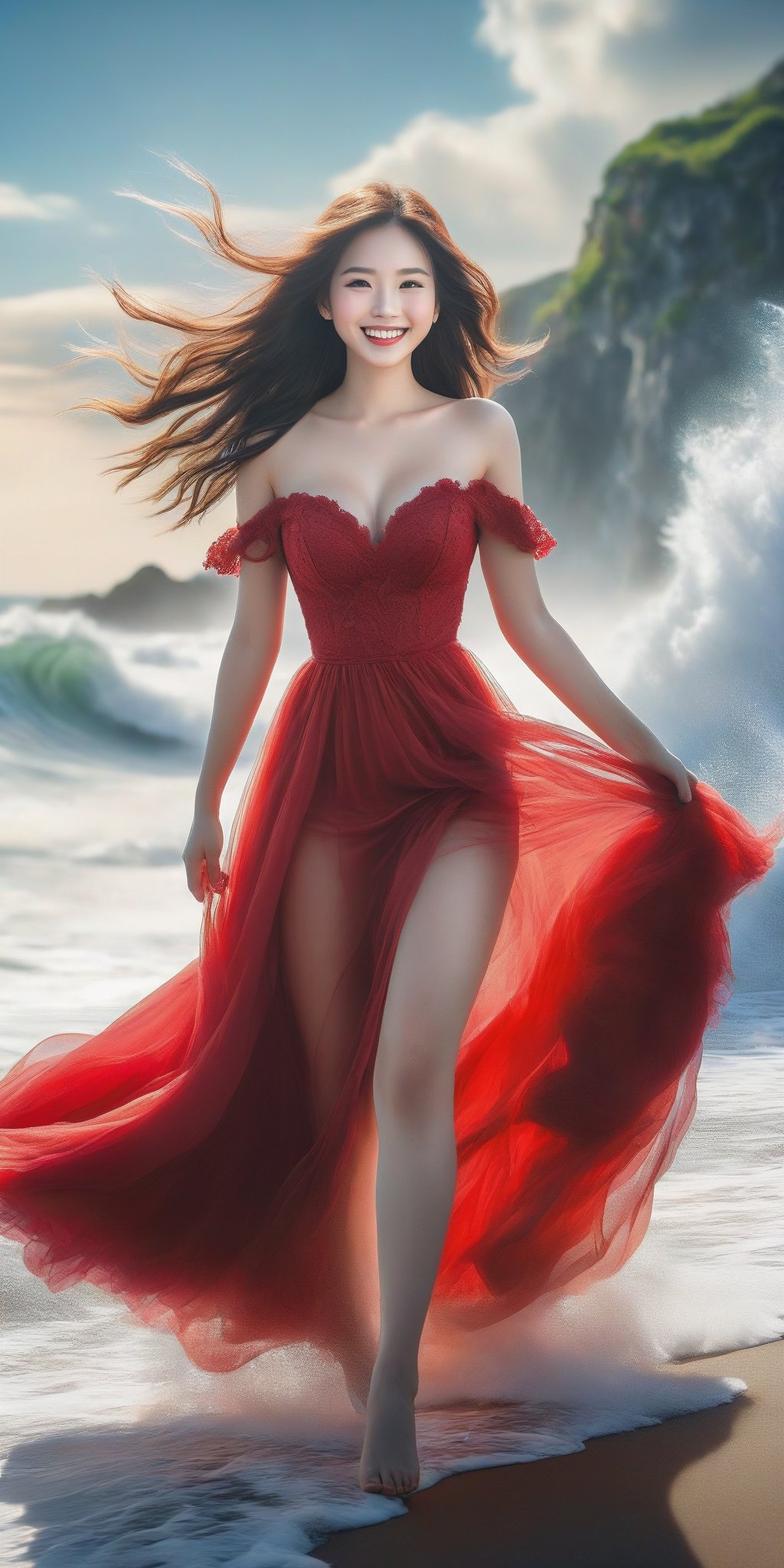 A girl , large breast, (smile:1.4), on the seaside trail, background is  an extreme  ROGUE waves. { Clear BLUE SKY with white clouds }, Her RED TULLE dress is flowing in a whirlwind. Long hair, { barefeet } , dynamic movement, blend of surrealism and realism. sharp focus, { COWBOY  shot}, wide angle, (masterpiece, top quality, best quality, official art, beautiful and aesthetic:1.2), (1girl:1.4), simple background, 16k, high resolution, bokeh,  ,minimalist hologram,style,,taiwan