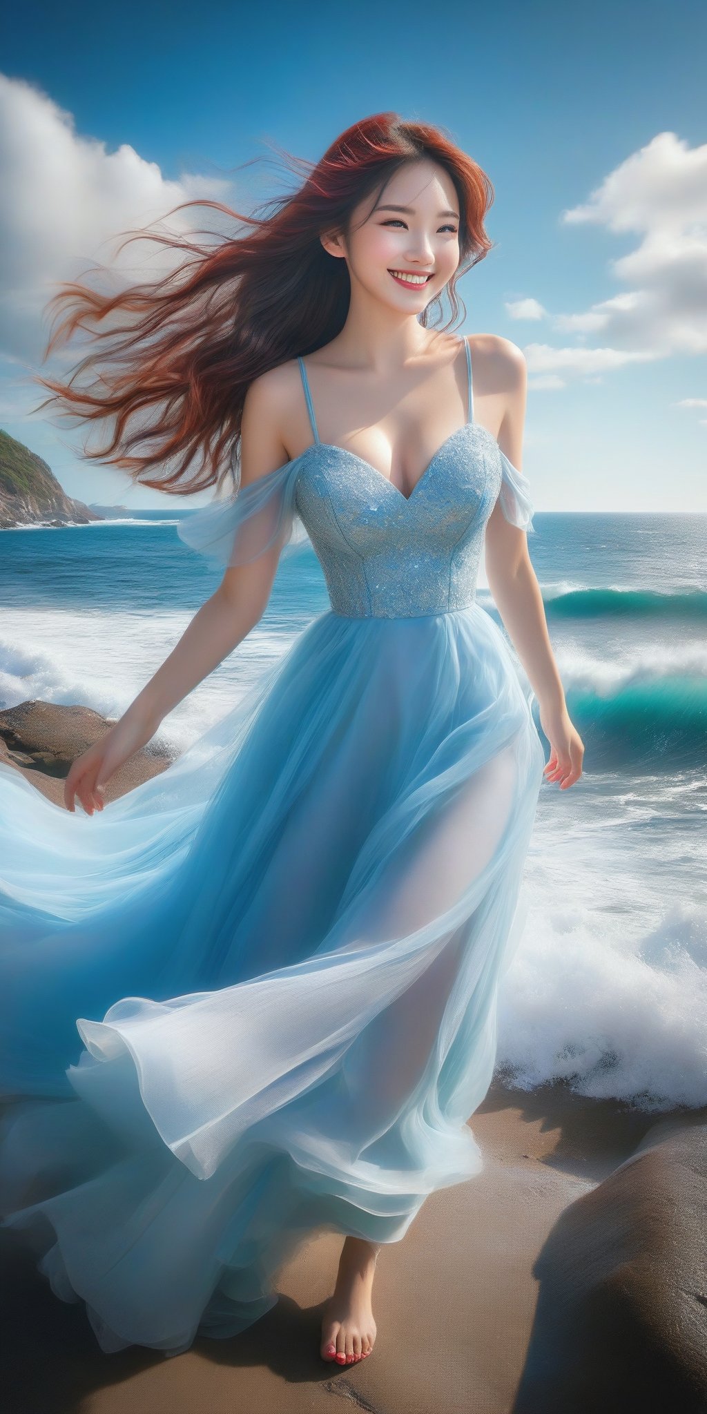 A girl , large breast, (smile:1.4), on the seaside trail, background is  an extreme  ROGUE waves. { Clear BLUE SKY with white clouds }, Her RED TULLE dress is flowing in a whirlwind. Long hair, { barefeet } , dynamic movement, blend of surrealism and realism. sharp focus, { COWBOY  shot}, wide angle, (masterpiece, top quality, best quality, official art, beautiful and aesthetic:1.2), (1girl:1.4), simple background, 16k, high resolution, bokeh,  ,minimalist hologram,style,,taiwan