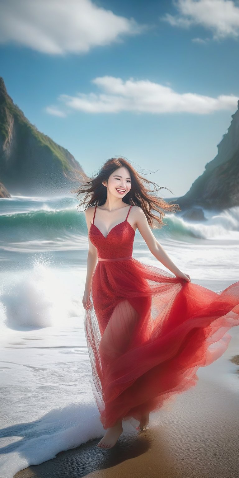 A girl , large breast, (smile:1.4), on the seaside trail, background is  an extreme  ROGUE waves. { Clear BLUE SKY with white clouds }, Her RED TULLE dress is flowing in a whirlwind. Long hair, { barefeet } , dynamic movement, blend of surrealism and realism. sharp focus, { COWBOY  shot}, wide angle, (masterpiece, top quality, best quality, official art, beautiful and aesthetic:1.2), (1girl:1.4), simple background, 16k, high resolution, bokeh,  ,minimalist hologram,style,,taiwan