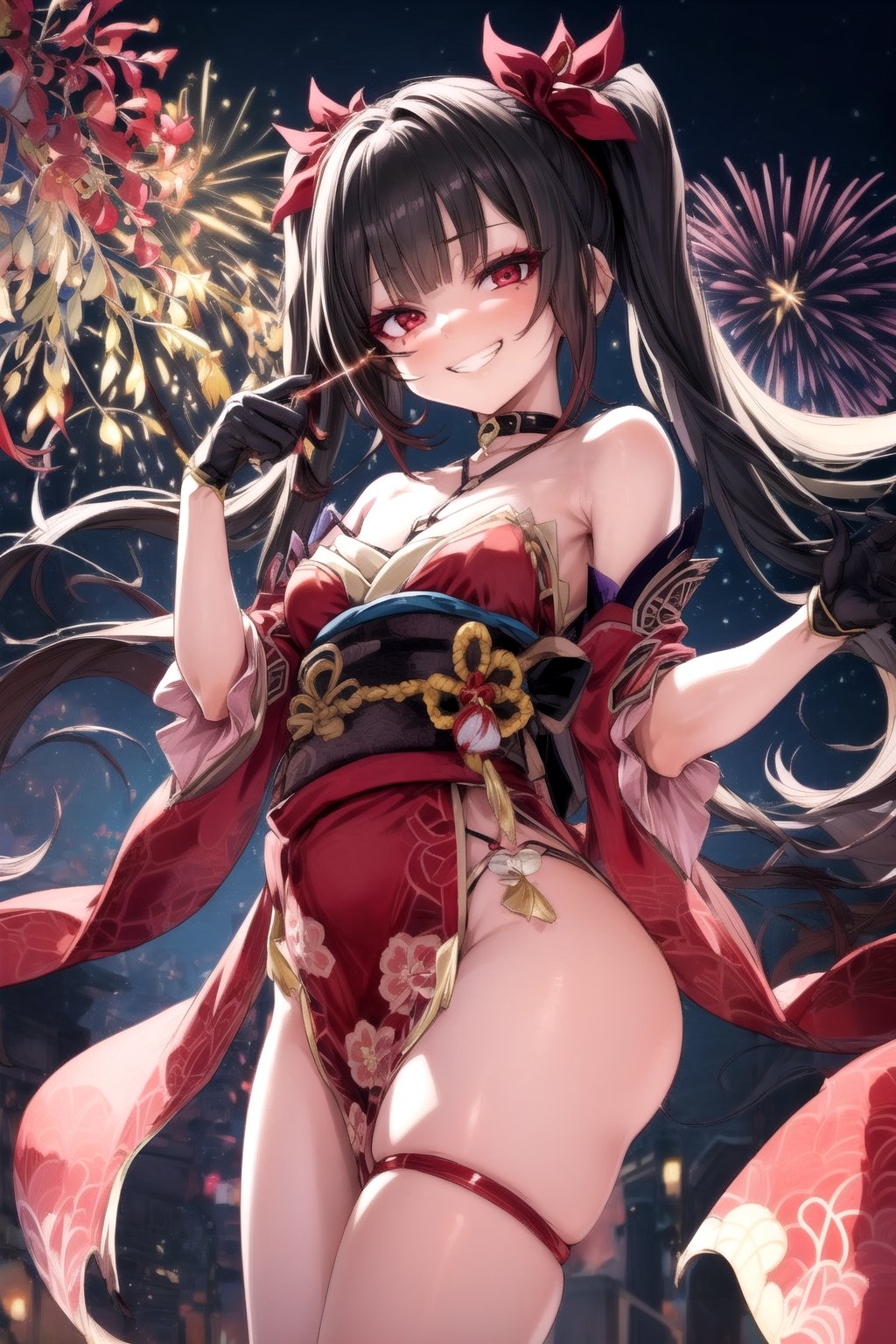 (1girl), half-closed eyes, (petite), (seductive smile), smirk, smug, grin, pelvic curtain, bare shoulders, red eyes, japanese clothes, black glove, (thigh strap), thigh, shsparkle, night sky, fireworks ,perfect, 