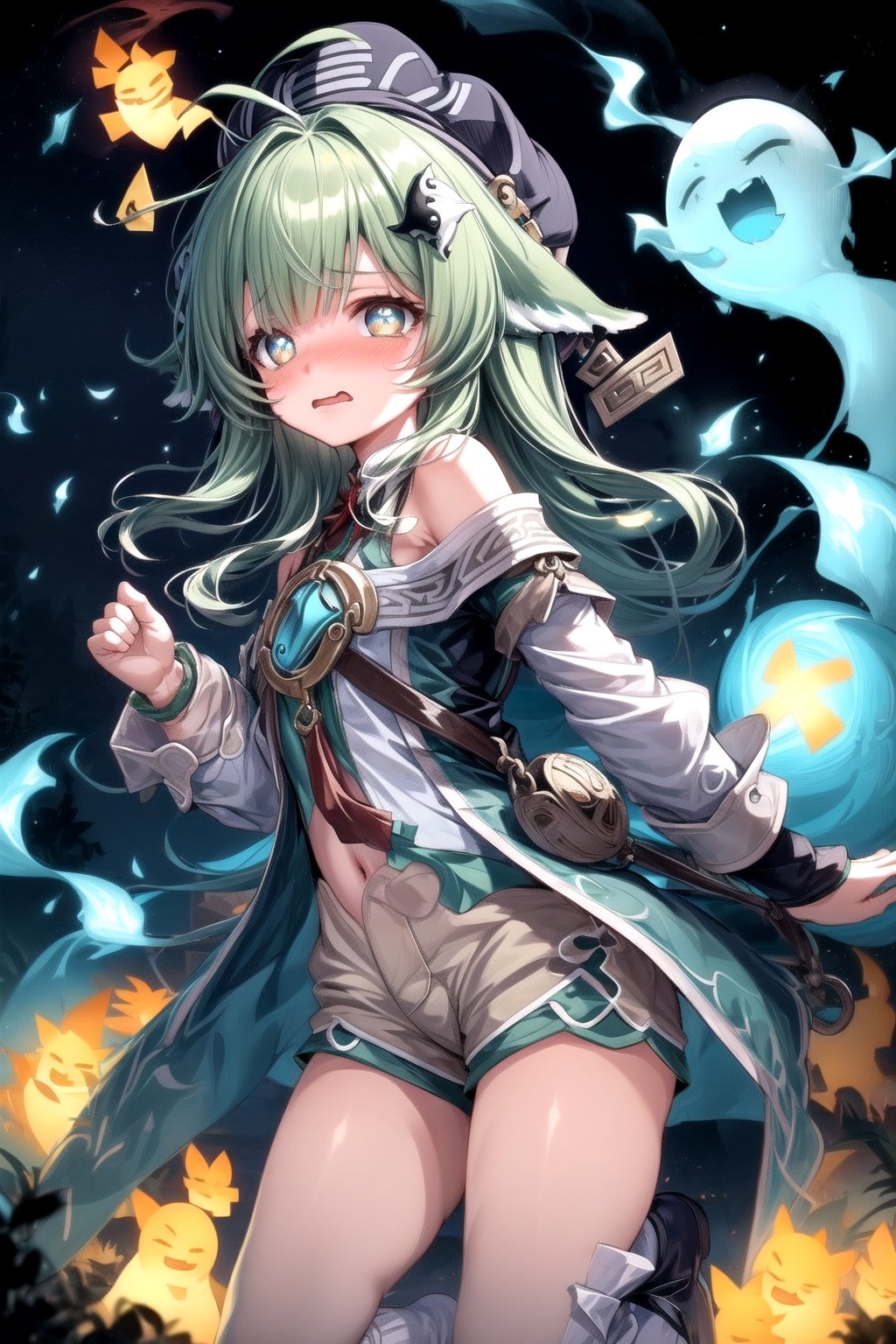 1girl, (petite), flustered, wavy mouth, detailed eyes, huohuo, green hair, bangs, long hair, ahoge, animal ears, beret, hair ornament, green eyes, shorts, white socks, shirt, off shoulder, fox tail, night sky, ghost town