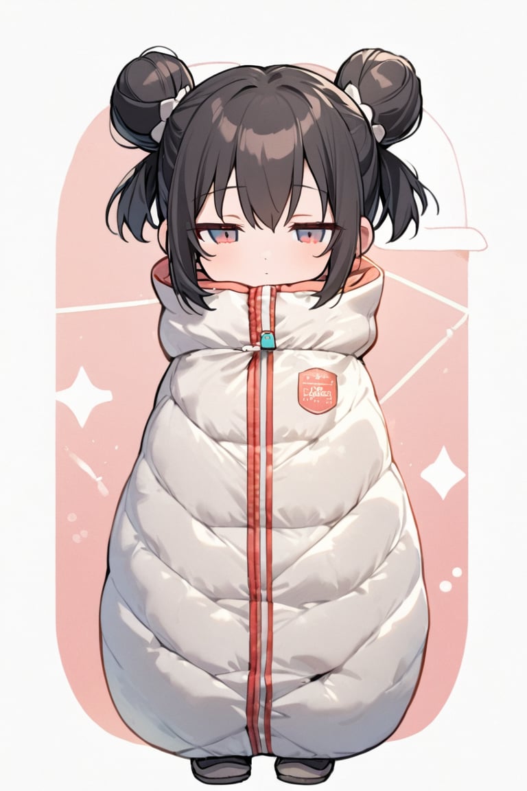 1 girl,solo,short_stature,black hair,double buns,lightcoral eyes,half-closed eyes,flat chest,girl in schlafsack, lightcoral sleeping bag,standing,full_body,