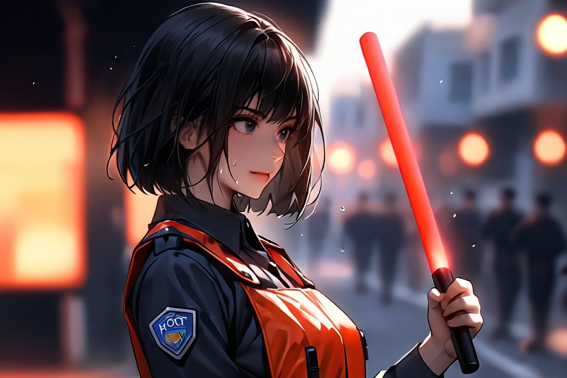 clear weather,blue_sky,1 woman,25 years old,black hair,bob_cut,serious:smile,road guard uniform,holding a red light stick,reaching_out,looking_away,sweat,upper_body,road, in focus with blurred background, shimmer of hot air,side_view,niji5