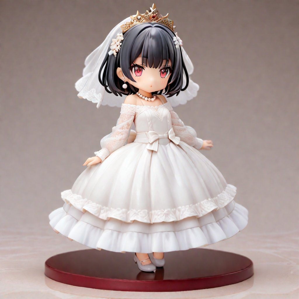 1girl,solo,lainOC,short hair,black hair,red eyes,A wedding dress with a top covered in delicate lace and long see-through sleeves that run from the shoulders to the arms, The chest has a slight V-neck, which enhances your femininity while maintaining elegance,The skirt part has a fluffy A-line and is made of multiple layers of tulle material,best,best,The hem has the same lace detail, giving it a unified look, The back is slightly open and fastens with a ribbon,The veil is long and trimmed with the same lace as the dress, Pair it with a pearl necklace and earrings, wear your hair half-up in loose waves, and add a flower crown,full body,pvc,