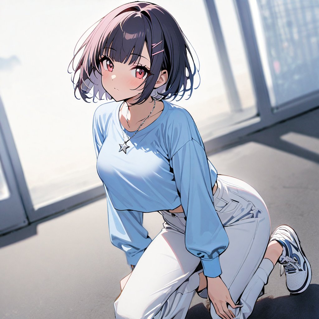 1girl,solo,lainOC, A thin, light blue long-sleeved shirt. White cropped pants. White sneakers, small silver star necklace, pink ribbon hair clip,