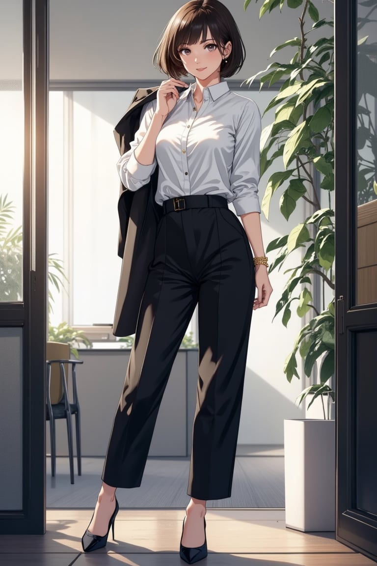 1woman, woman is 28 years old japanese woman.woman has brown eyes and shrot brown bob and slender body and flat chest, wearing white dress shirt and black high waist pants and black heels and thin gold chain bracelet. woman carries a black jacket on one's shoulder.woman is standing in office and smiling.full body,front view,from below,