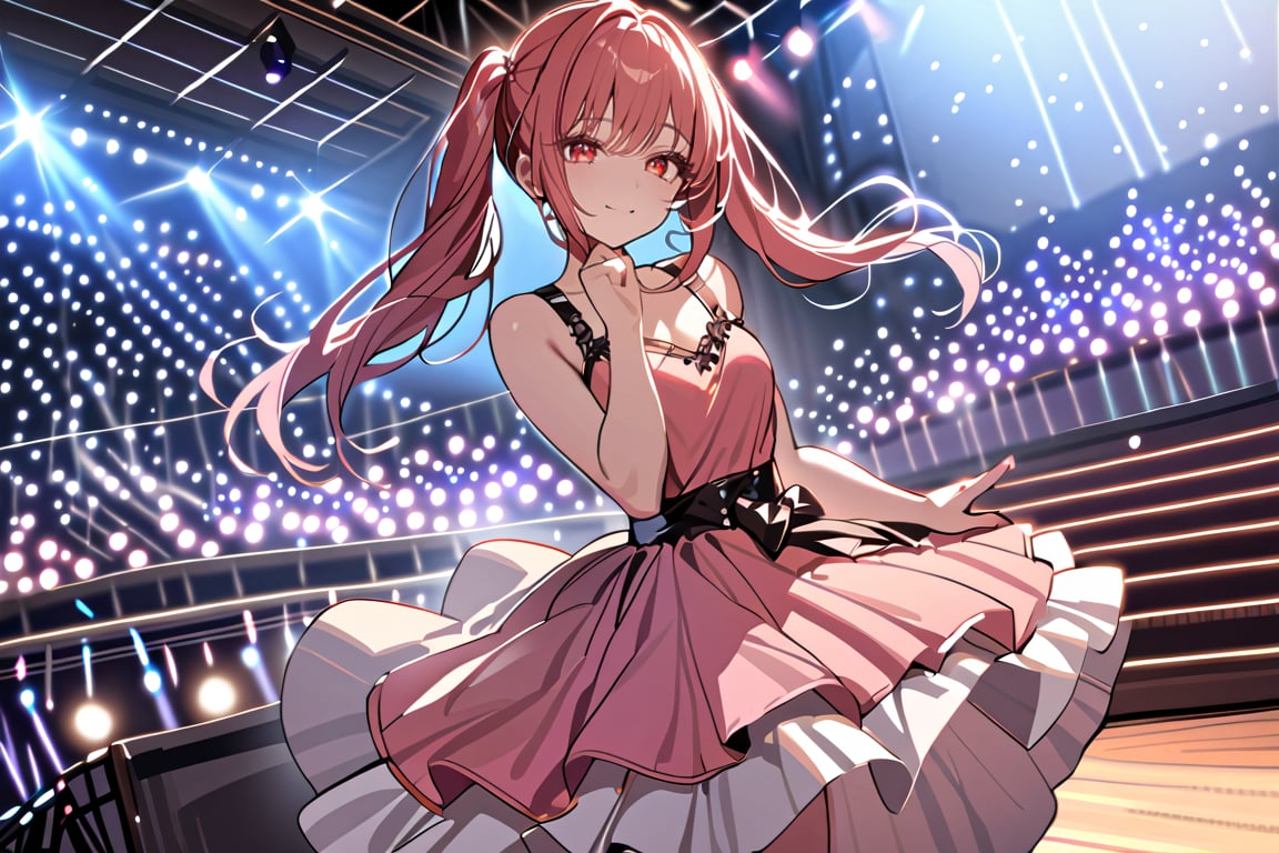 ((masterpiece,best quality)),1girl,solo, red eyes, smile, stage,stage lights, redhead, pigtails, full pink dress, redhead