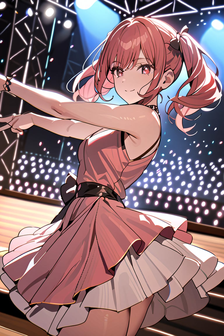 ((masterpiece,best quality)),1girl,solo, dancing, red eyes, smile, stage,stage lights, redhead, pigtails, full pink dress, redhead