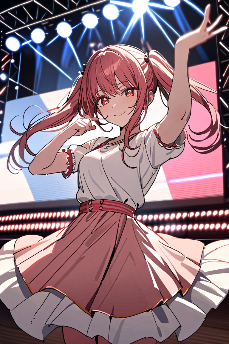 ((masterpiece,best quality)),1girl,solo, scenery, dancing, victory pose, red eyes, smile, stage,stage lights, redhead, pigtails, white shirt, pink dress