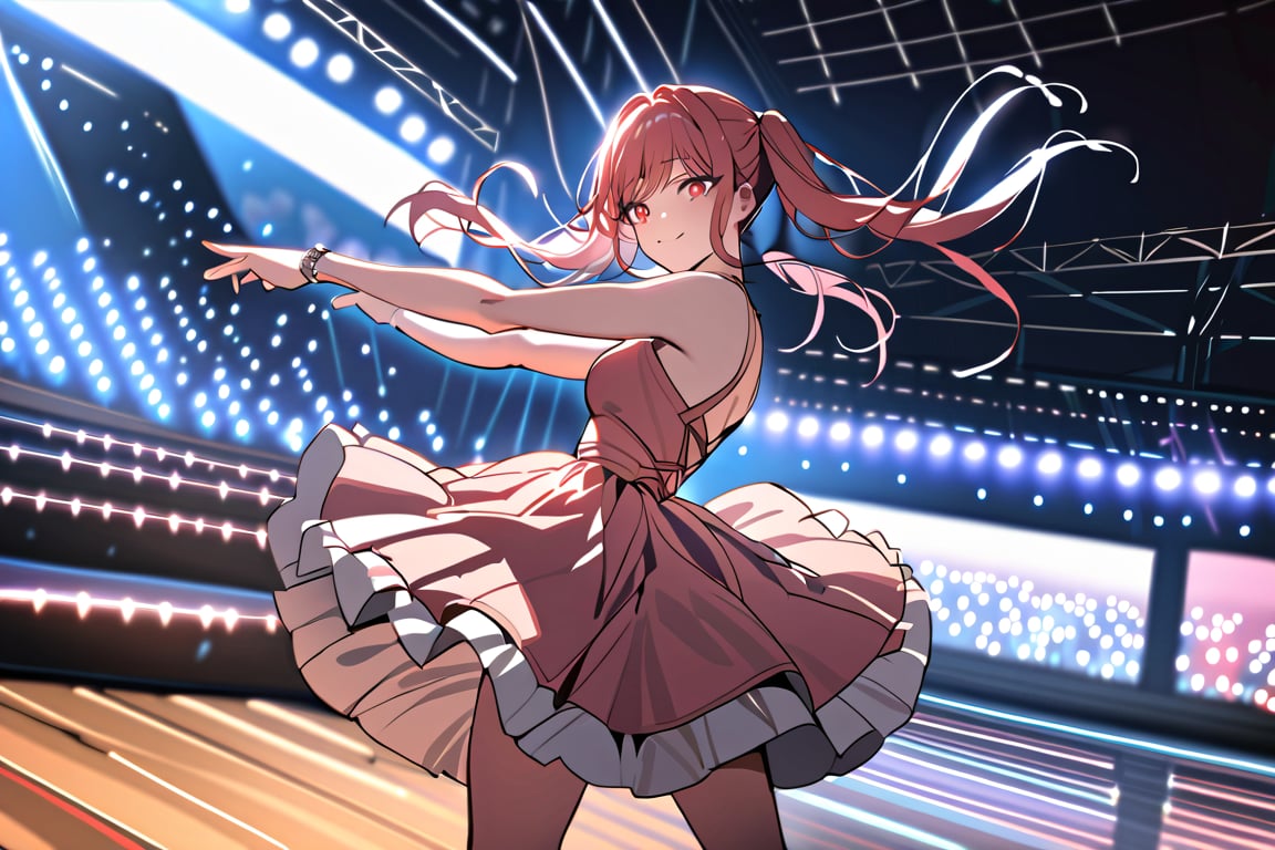 ((masterpiece,best quality)),1girl,solo, scenery, dancing, red eyes, smile, stage,stage lights, redhead, pigtails, full pink dress, redhead