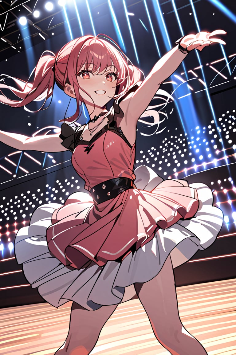 ((masterpiece,best quality)),1girl,solo, scenery, dancing, greet, arms outstretched, red eyes, smile, stage,stage lights, redhead, pigtails, full pink dress