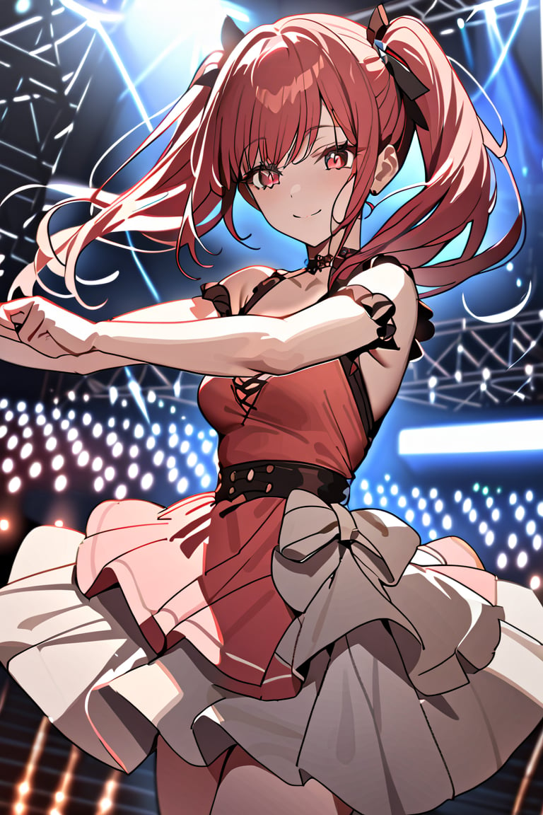 ((masterpiece,best quality)),1girl,solo, dancing, red eyes, smile, stage,stage lights, redhead, pigtails, full pink dress, redhead