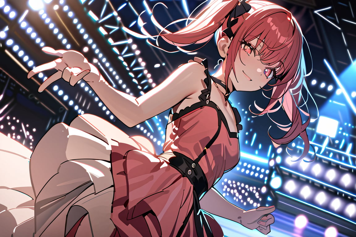 ((masterpiece,best quality)),1girl,solo, red eyes, smile, stage,stage lights, redhead, pigtails, full pink dress, redhead