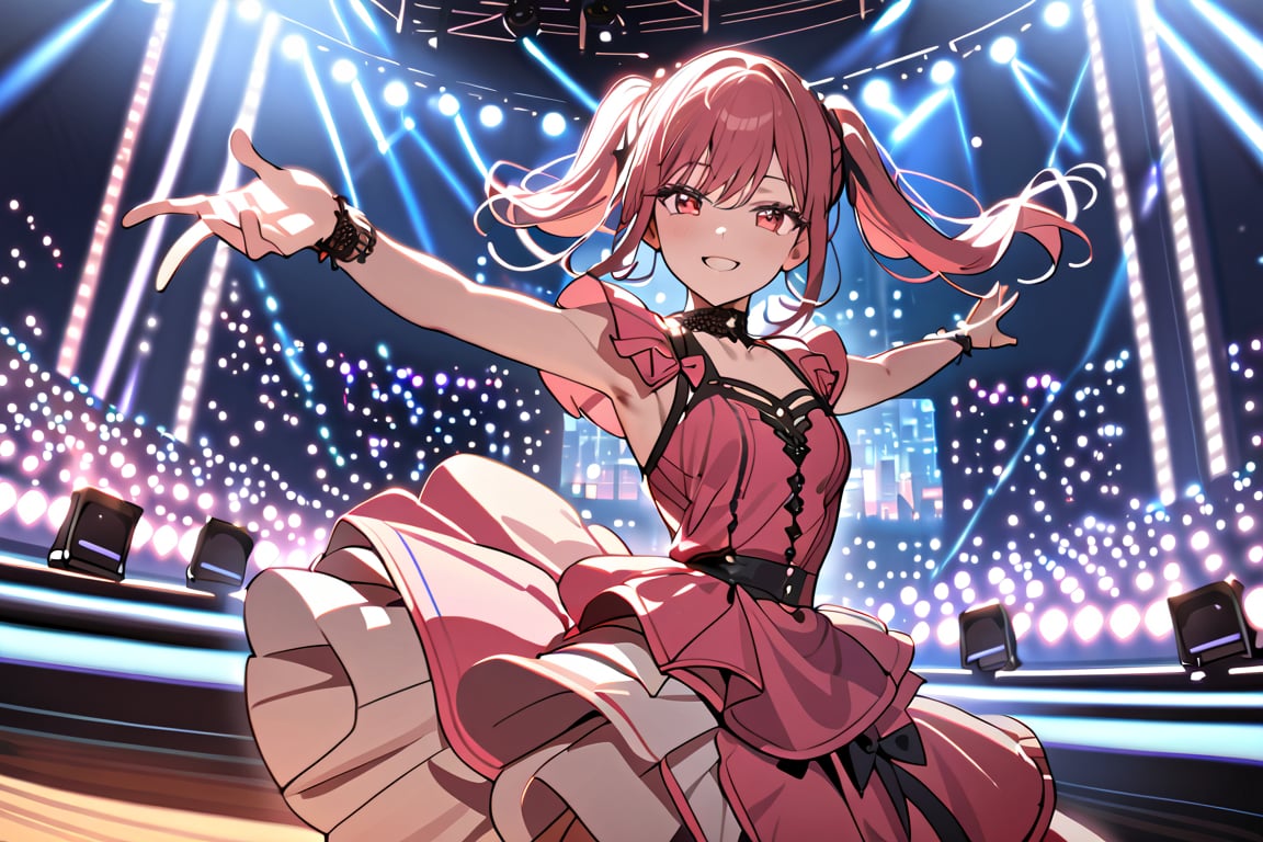 ((masterpiece,best quality)),1girl,solo, scenery, dancing, greet, arms outstretched, red eyes, smile, stage,stage lights, redhead, pigtails, full pink dress