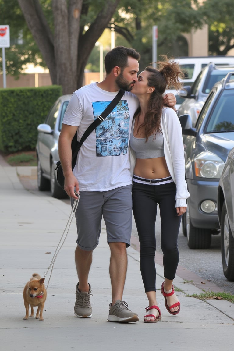  paparazzi telephoto lens, celebrity couple kissing as walk their tiny chihuahua:1.1 on a leash on a sidewalk in beverly hills, late afternoon. The man is wearing a worn graphics tee, woman is wearing a yoga pants and a white cardigan and sandals. Parked cars on the side.  shot on a mobile phone



