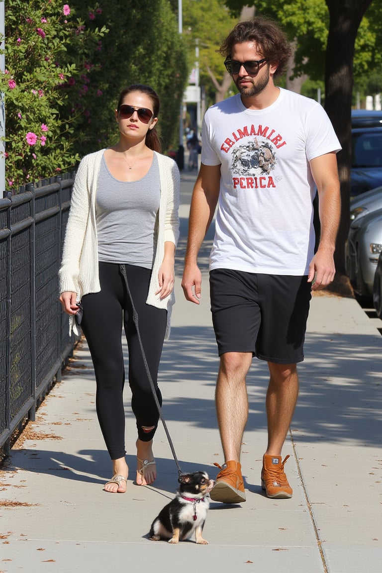  paparazzi telephoto lens, celebrity couple walking their tiny chihuahua:1.1 on a leash on a sidewalk in beverly hills, late afternoon. The man is wearing a worn graphics tee, woman is wearing a yoga pants and a white cardigan and sandals. Parked cars on the side.  shot on a mobile phone



