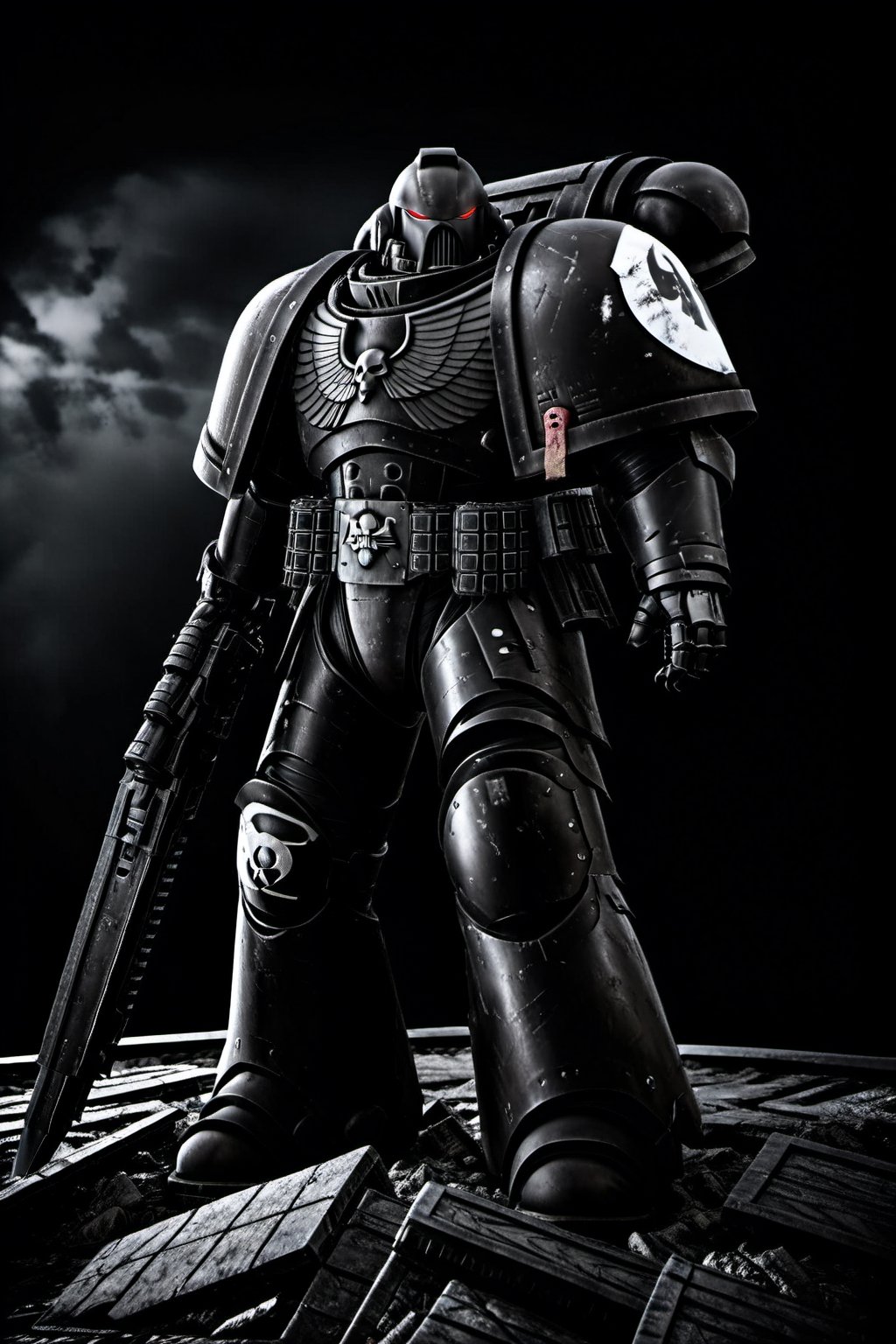 High quality, 8k, Warhammer 40k Space Marine, standing on piles of bodies and battlefield debris, grand cathedral in the background, dark scene, ((Raven Guard)),SpaceMarine1024, ((Black Armor)), red and white accents on armor, knife and pistol in each hand, silver sigil on chest, (white helmet), red eyes, glowing eyes, (dark scene), red accent on shoulder pads, no graphics on knees