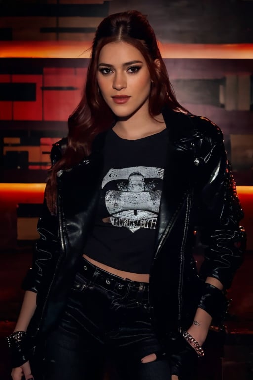 A realistic image of Ana Clara with a rock and roll style, wearing a black leather jacket, a black band t-shirt, ripped jeans, and black boots. She should be in a rock and roll setting, with contrasting lighting and a brick wall background. The makeup should be light, with a touch of black eyeliner and burgundy lipstick. The image should have a modern and vibrant style.