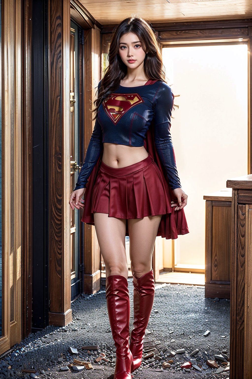 1girl, long black hair,supergirl,wearing Supergirl's blue tight uniform,perfect,red Boots higher than knees,Red miniskirt,Red long cape,full body,Bright colors,Bright red Boots, red miniskirt,Huge chest,Boots over the knee,Clothes are tied to skirts,Red miniskirt,Female model posen,Red over-the-knee pointed high-heeled boots,full body,running in the middle of the road,full body,tall girl,long boots,Red long cape,Boots longer than legs,Chinese supergirl,18years old,Don't show belly,Extremely long tip boots,red skirt,full body,supergirl's tight suit,Don't show knees,Knees wrapped in boots,strong girl,Pointy high-heeled boots,thin high heels,Uniforms and skirts are connectedUniforms and skirts are connected,Don't show your stomach,nude