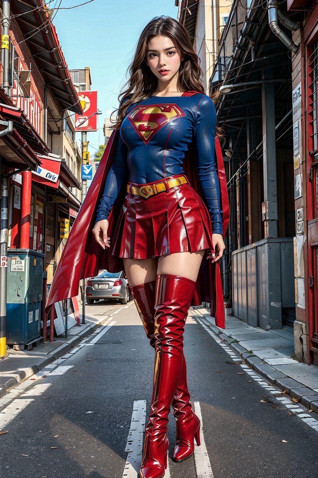 1girl, long black hair,supergirl,wearing Supergirl's blue tight uniform,perfect,red Boots higher than knees,Red miniskirt,Red long cape,full body,Bright colors,Bright red Boots, red miniskirt,Huge chest,Boots over the knee,Clothes are tied to skirts,Red miniskirt,Female model posen,Red over-the-knee pointed high-heeled boots,full body,running in the middle of the road,full body,tall girl,long boots,Red long cape,Boots longer than legs,Chinese supergirl,18years old,Don't show belly,Extremely long tip boots,red skirt,full body,supergirl's tight suit,Don't show knees,Knees wrapped in boots,strong girl,Pointy high-heeled boots,thin high heels,Uniforms and skirts are connectedUniforms and skirts are connected,Don't show your stomach,red skirt,full body,Extra long red boots,Golden Supergirl Belt,One-piece tight uniform
,Show the outline of the muscles,Red miniskirt and long cape,Boots must be over the knee,Integrated coats,Golden Supergirl Belt,Red miniskirt,Full of muscles,Tall and strong,Sexy,Full of muscle beauty,red dress,The skirt must be red.