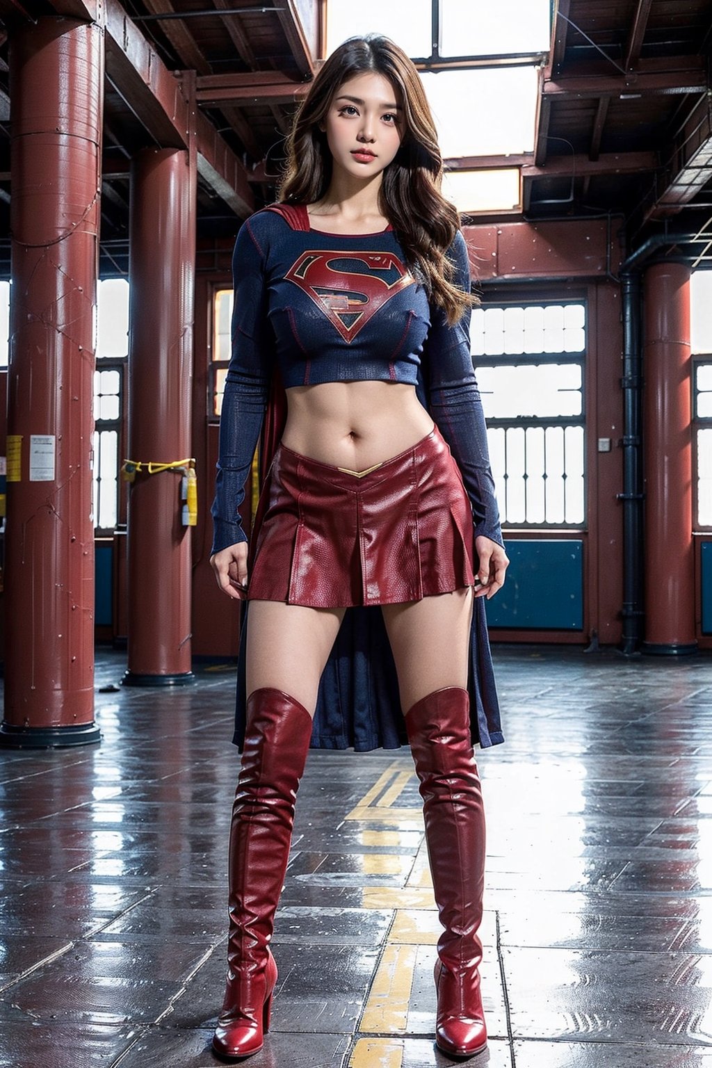 1girl, long black hair,supergirl,wearing Supergirl's blue tight uniform,perfect,red Boots higher than knees,Red miniskirt,Red long cape,full body,Bright colors,Bright red Boots, red miniskirt,Huge chest,Boots over the knee,Clothes are tied to skirts,Red miniskirt,Female model posen,Red over-the-knee pointed high-heeled boots,full body,running in the middle of the road,full body,tall girl,long boots,Red long cape,Boots longer than legs,Chinese supergirl,18years old,Don't show belly,Extremely long tip boots,red skirt,full body,supergirl's tight suit,Don't show knees,Knees wrapped in boots,strong girl,Pointy high-heeled boots,thin high heels,Uniforms and skirts are connectedUniforms and skirts are connected,Don't show your stomach,nude