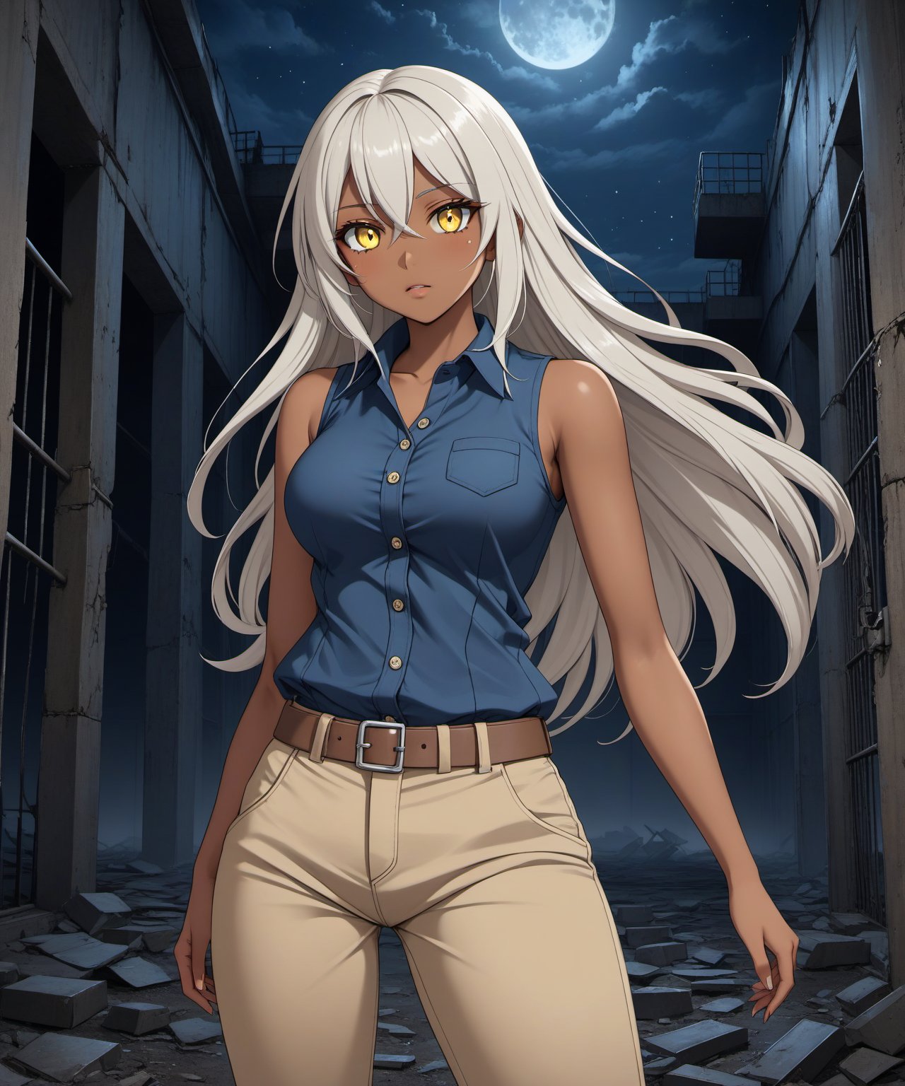 Brown skin beautiful sexy anime girl with long silver hair & yellow eyes, wearing blue sleeveless button up collared shirt & beige khaki pants, inside of a abandoned biomechanical prison in a dark night sky, 1girl, dystopian