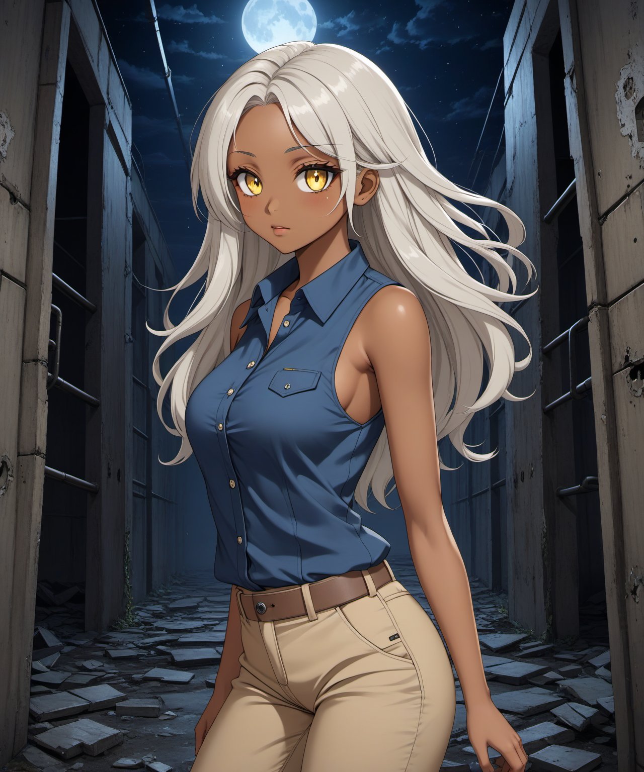 Brown skin beautiful sexy anime girl with long silver hair & yellow eyes, wearing blue sleeveless button up collared shirt & beige khaki pants, inside of a abandoned biomechanical prison in a dark night sky, 1girl, dystopian