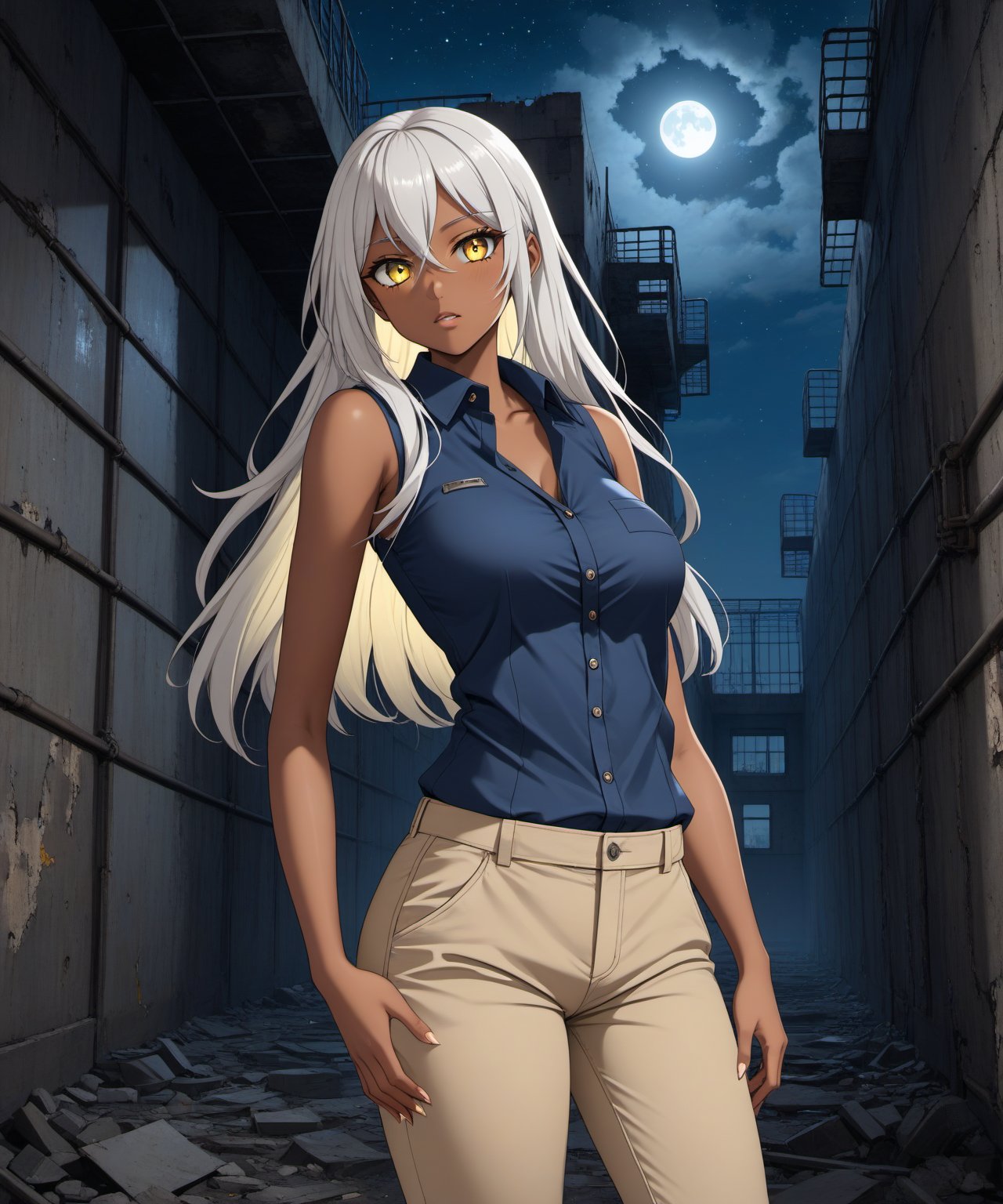 Brown skin beautiful sexy anime girl with long silver hair & yellow eyes, wearing blue sleeveless button up collared shirt & beige khaki pants, inside of a abandoned biomechanical prison in a dark night sky, 1girl, dystopian