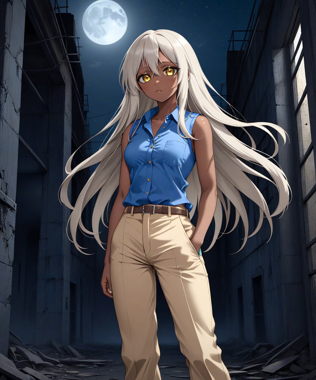 Brown skin beautiful sexy anime girl with long silver hair & yellow eyes, wearing blue sleeveless button up collared shirt & beige khaki pants, inside of a abandoned biomechanical prison in a dark night sky, 1girl, dystopian