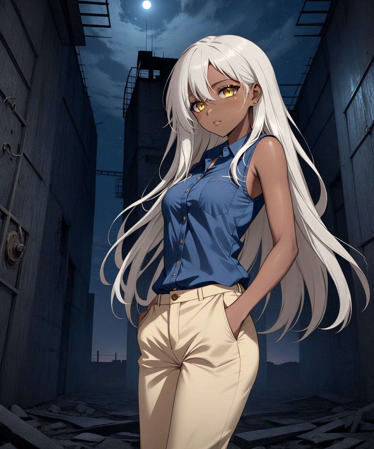 Brown skin beautiful sexy anime girl with long silver hair & yellow eyes, wearing blue sleeveless button up collared shirt & beige khaki pants, inside of a abandoned biomechanical prison in a dark night sky, 1girl, dystopian