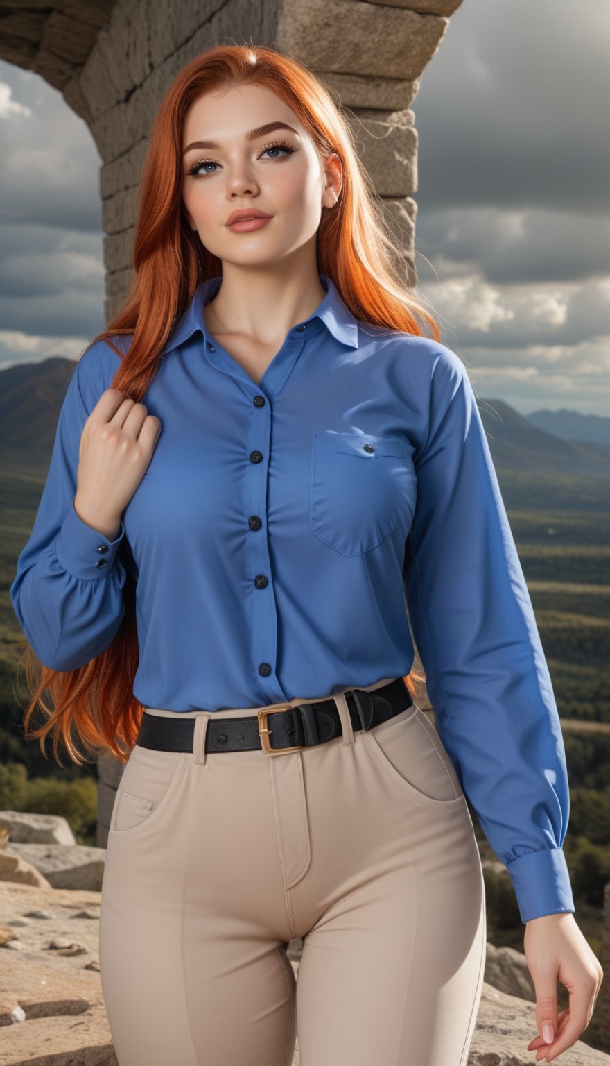 beautiful sexy redhead woman, wearing blue long-sleeve button up collared shirt & beige khaki pants, lost in a rocky landscape with cloudy skies, 1girl